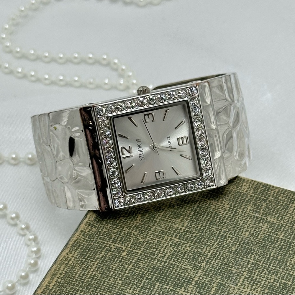 Silver Cuff Watch with Square Diamanté Dial